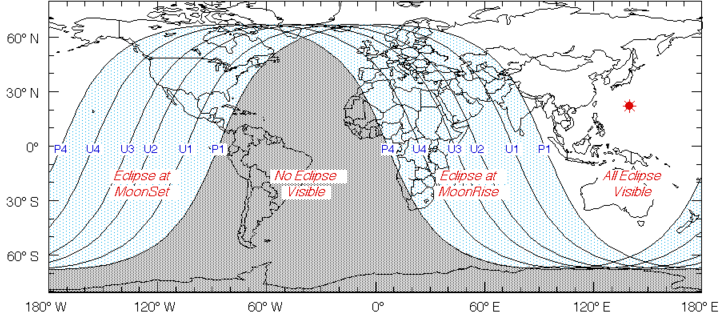 Carte des régions où l'éclipse de la Lune du 2011-12-11 sera visible sur la Terre
